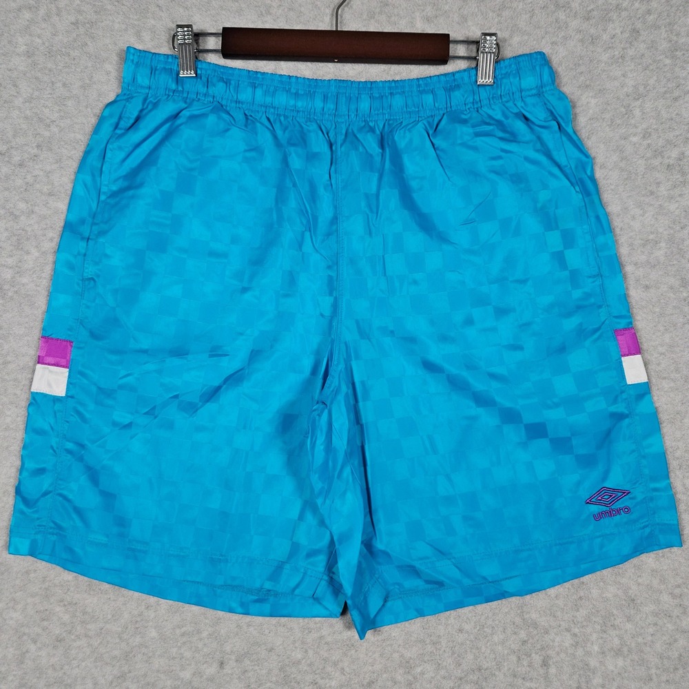 Umbro Men's XL Blue Soccer Shorts Nylon Checkered Satin Shimy Silky Athletic VTG
